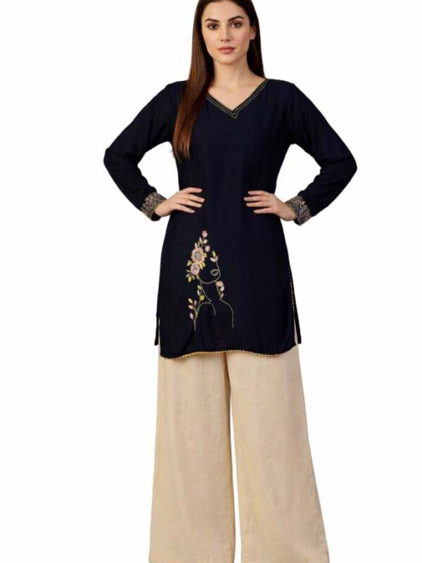 Black Embroidered Short Kurti with Beige Palazzo, Floral Embroidery, V-Neck, Full Sleeves, Cotton Blend