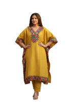 Women’s Mustard Embroidered Kaftan Kurta Set with Plazzo - Cotton