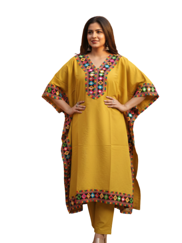 Women’s Mustard Embroidered Kaftan Kurta Set with Plazzo - Cotton