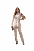 Women’s Beige Printed Sleeve Co-Ord Set with Buttoned Top & Plazzo-Cotton