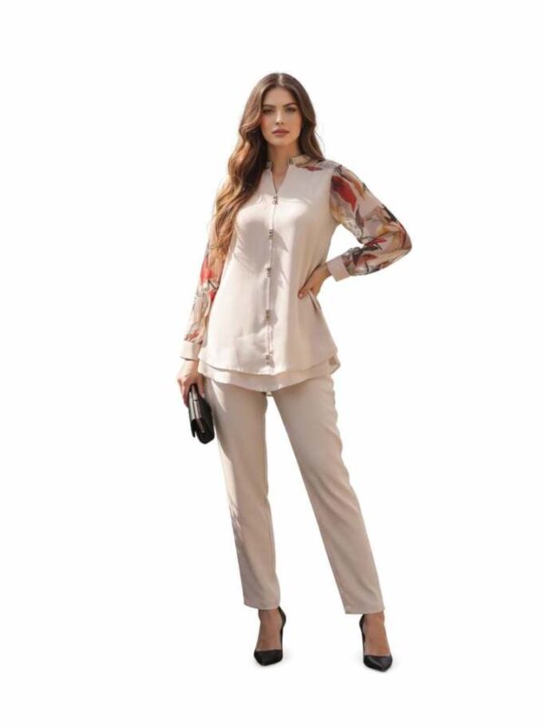 Women’s Beige Printed Sleeve Co-Ord Set with Buttoned Top & Plazzo-Cotton