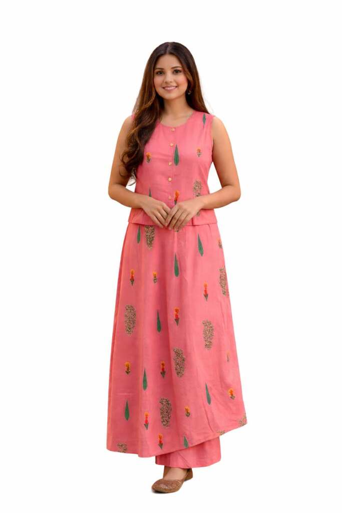 Pink Floral Printed Layered Maxi Dress for Women - Cotton