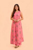 Pink Floral Printed Layered Maxi Dress for Women - Cotton